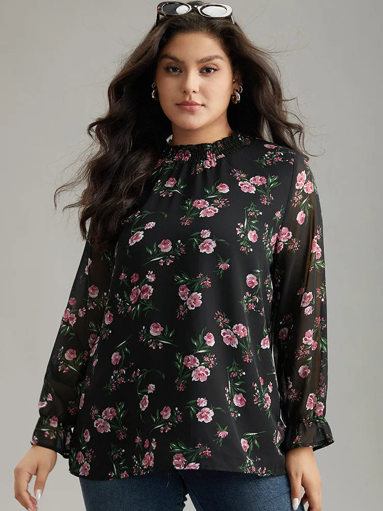 Chiffon Floral Frill Trim Mesh Patchwork Blouse sold by Bloomchic