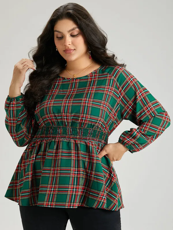Christmas Plaid Shirred Ruffle Hem Blouse sold by Bloomchic