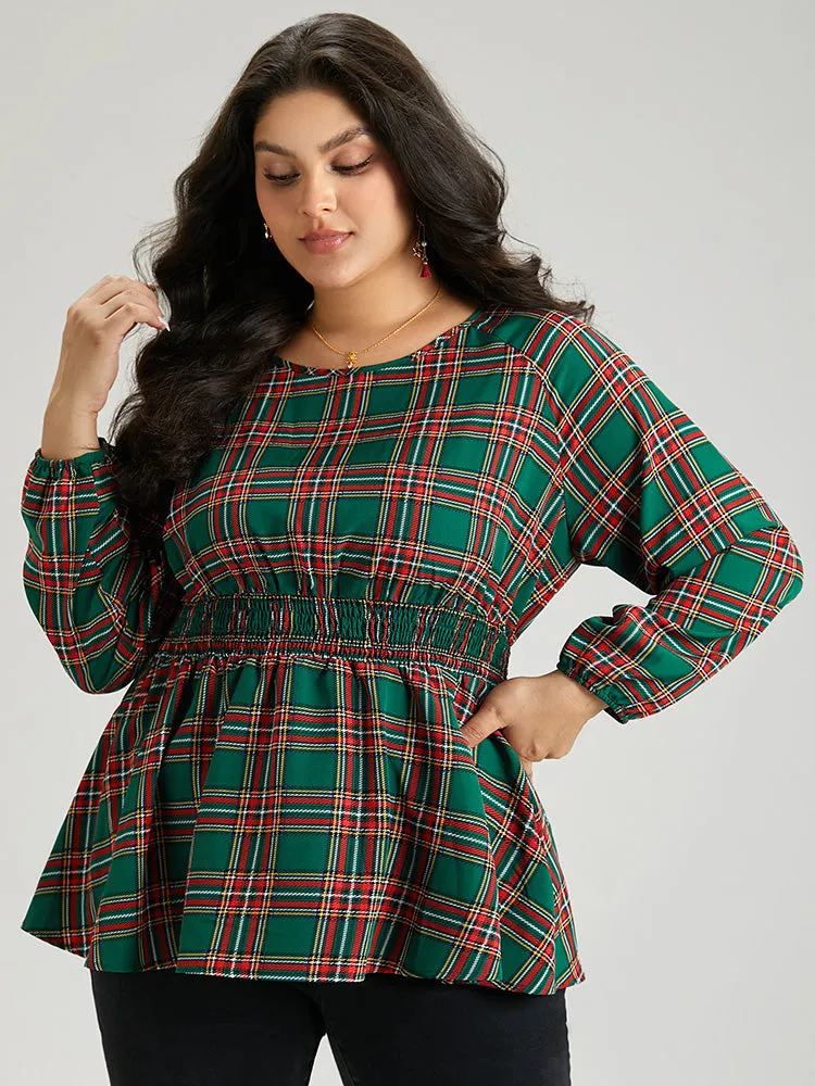 Christmas Plaid Shirred Ruffle Hem Blouse sold by Bloomchic