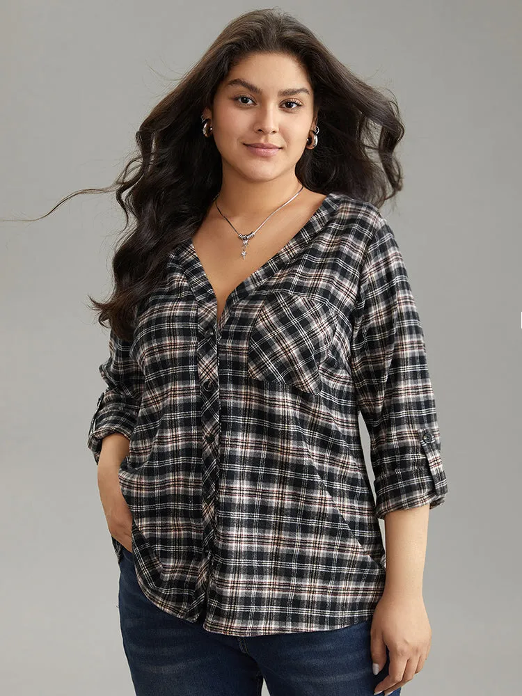 Gingham Tab Sleeve Patched Pocket Blouse sold by Bloomchic