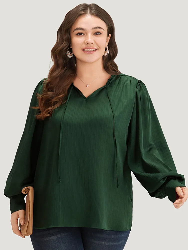 Anti-Wrinkle Solid Knot Neck Gathered Lantern Sleeve Blouse sold by Bloomchic