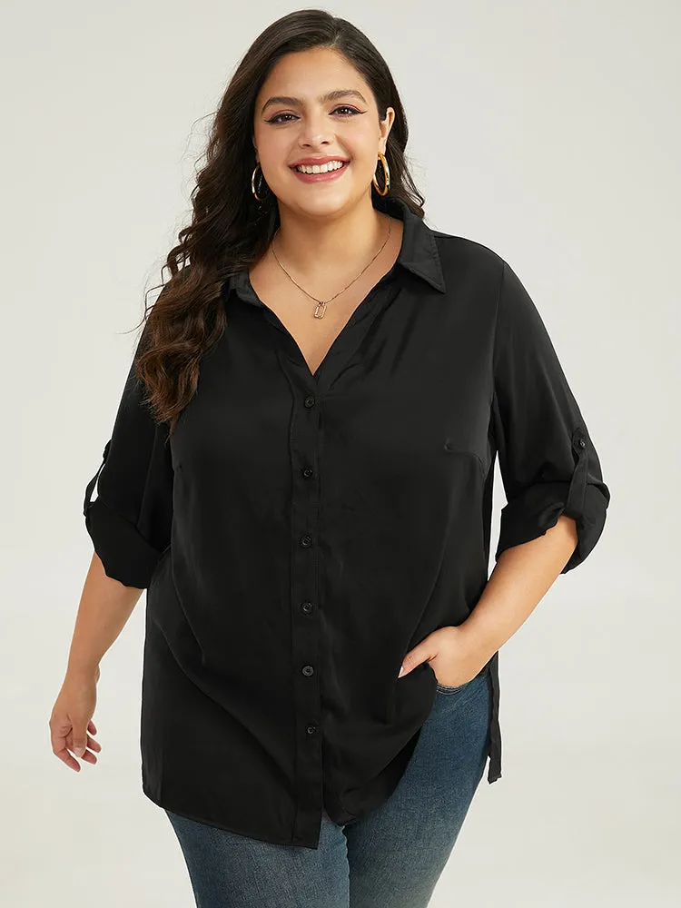 Anti-Wrinkle Plain Button Through Shirt Collar Tab Sleeve Blouse sold by Bloomchic