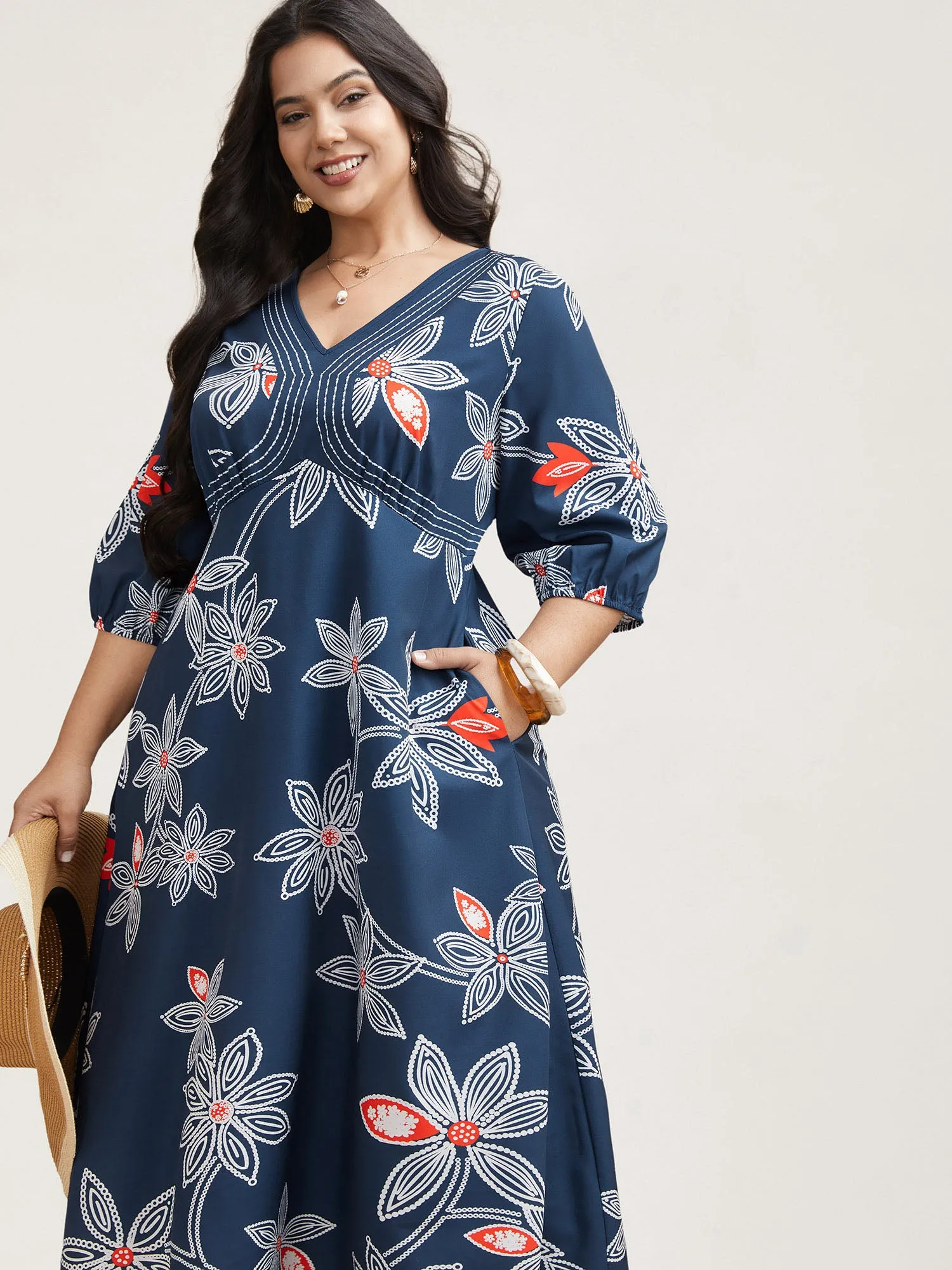 Boho Floral Arc Neck Waist-Cinched Dress sold by Bloomchic product image thumbnail 3