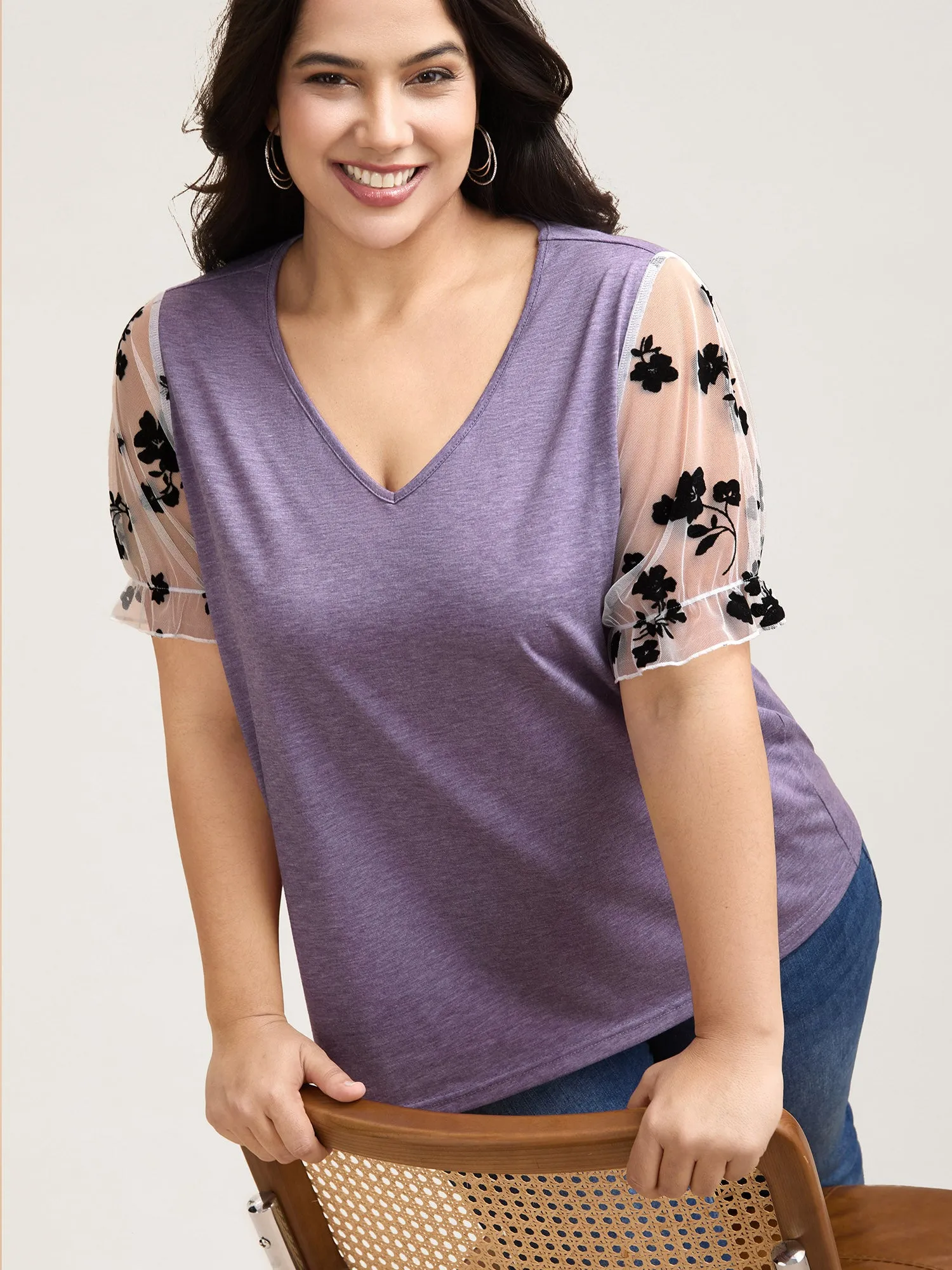 Mixed Material Sheer Sleeve T-Shirt sold by Bloomchic