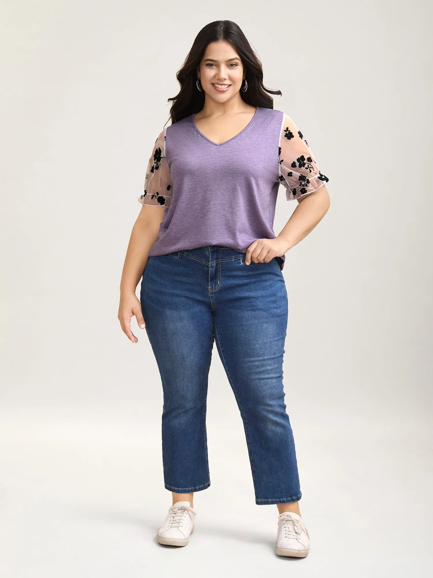 Mixed Material Sheer Sleeve T-Shirt sold by Bloomchic product image thumbnail 2