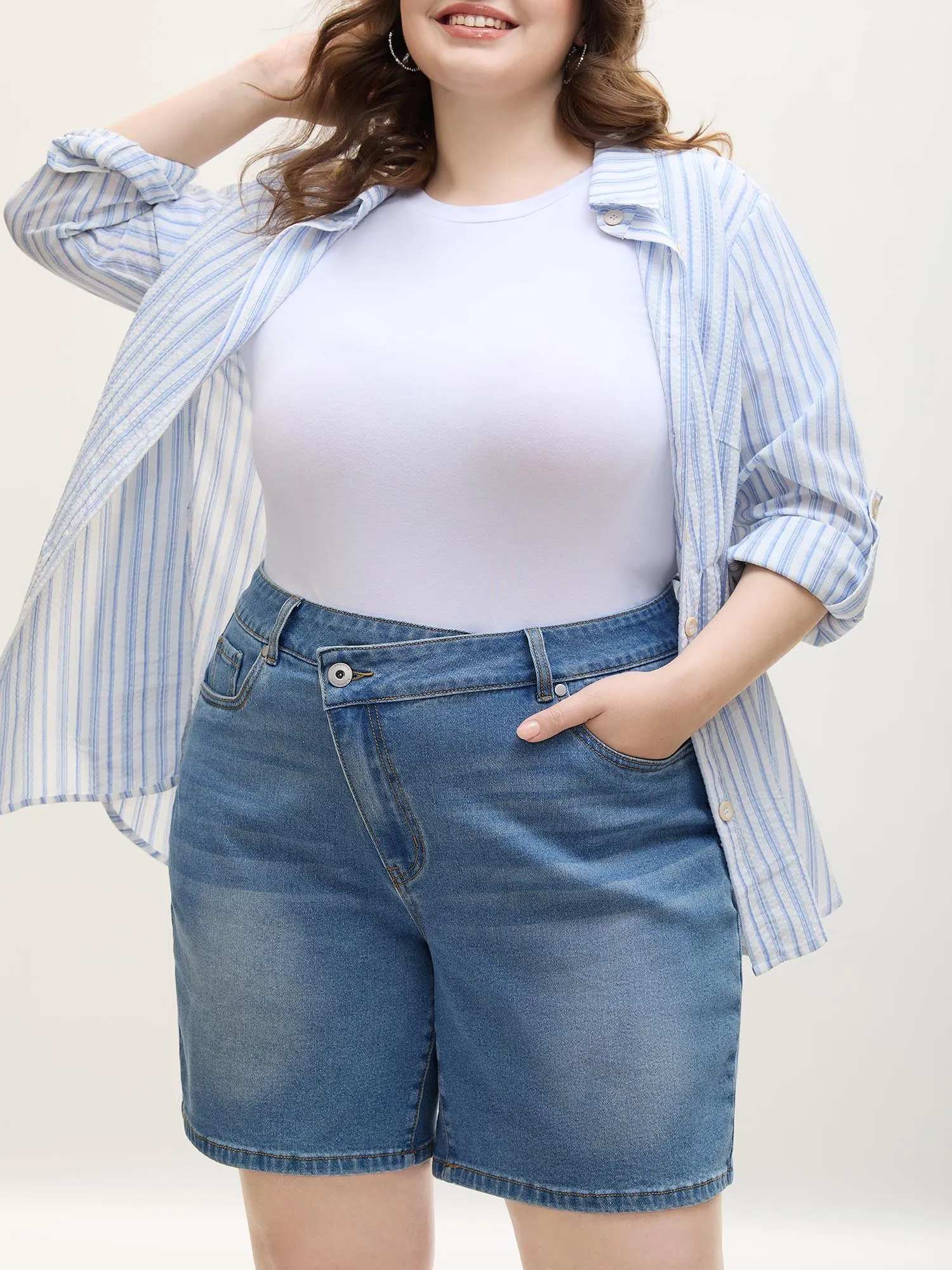 Overlap Whiskered Wash Straight Denim Shorts sold by Bloomchic