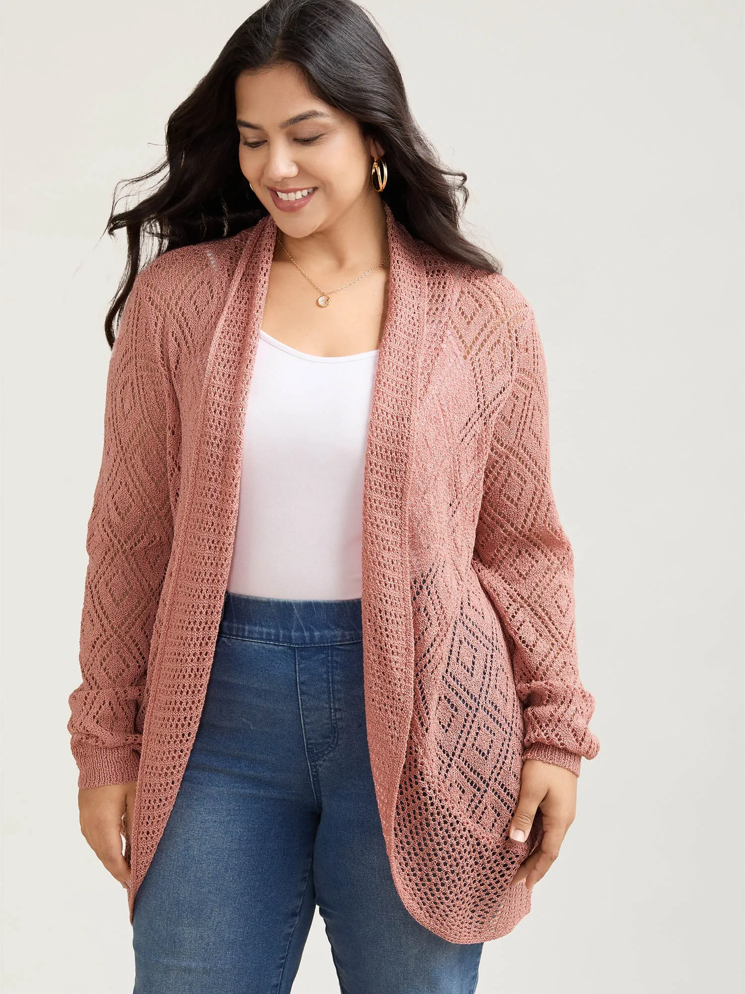 Textured Cut-Out Arc Hem Knit Cardigan sold by Bloomchic