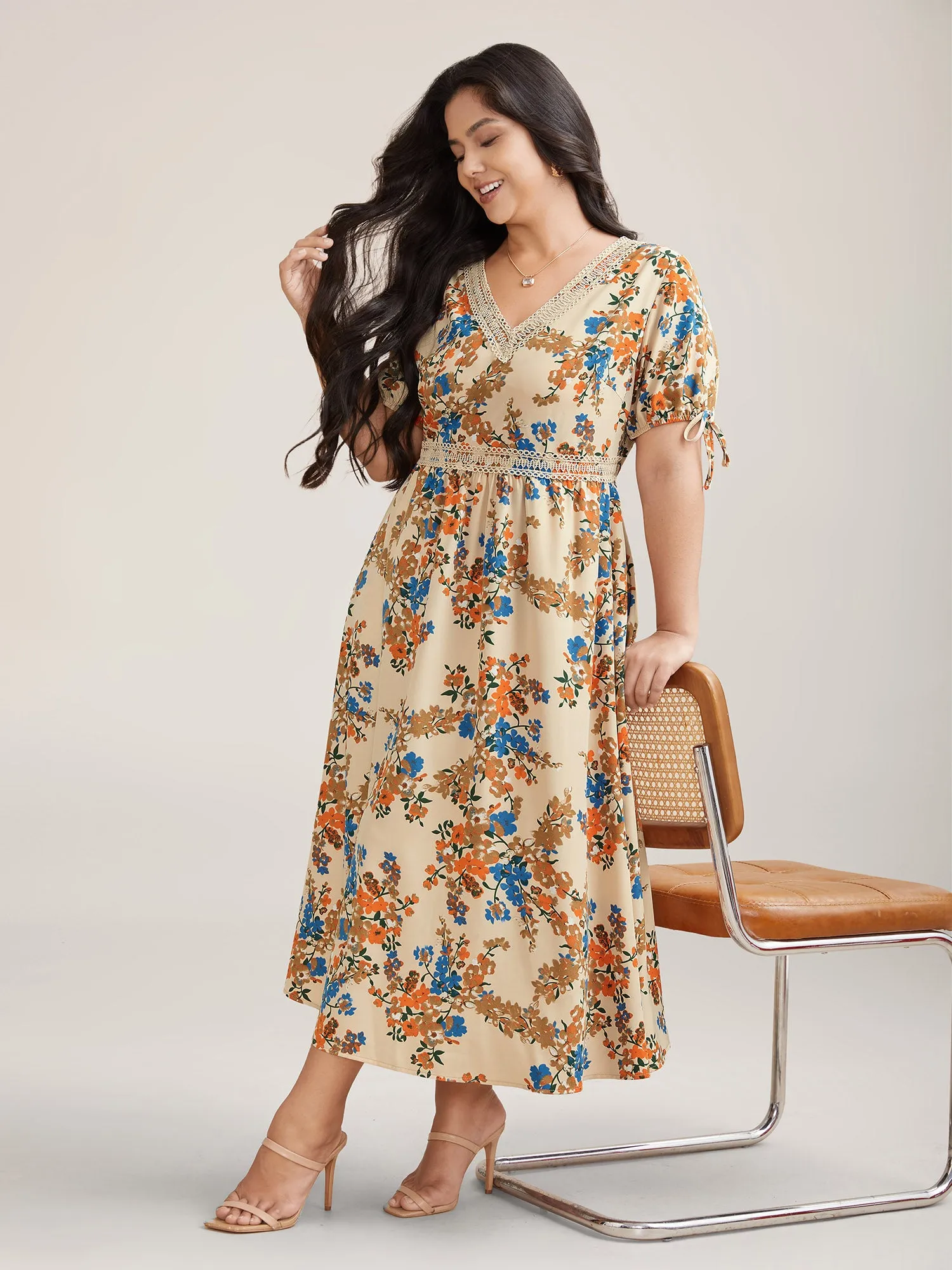 Floral Pring Lace Detail Tied Midi Dress sold by Bloomchic