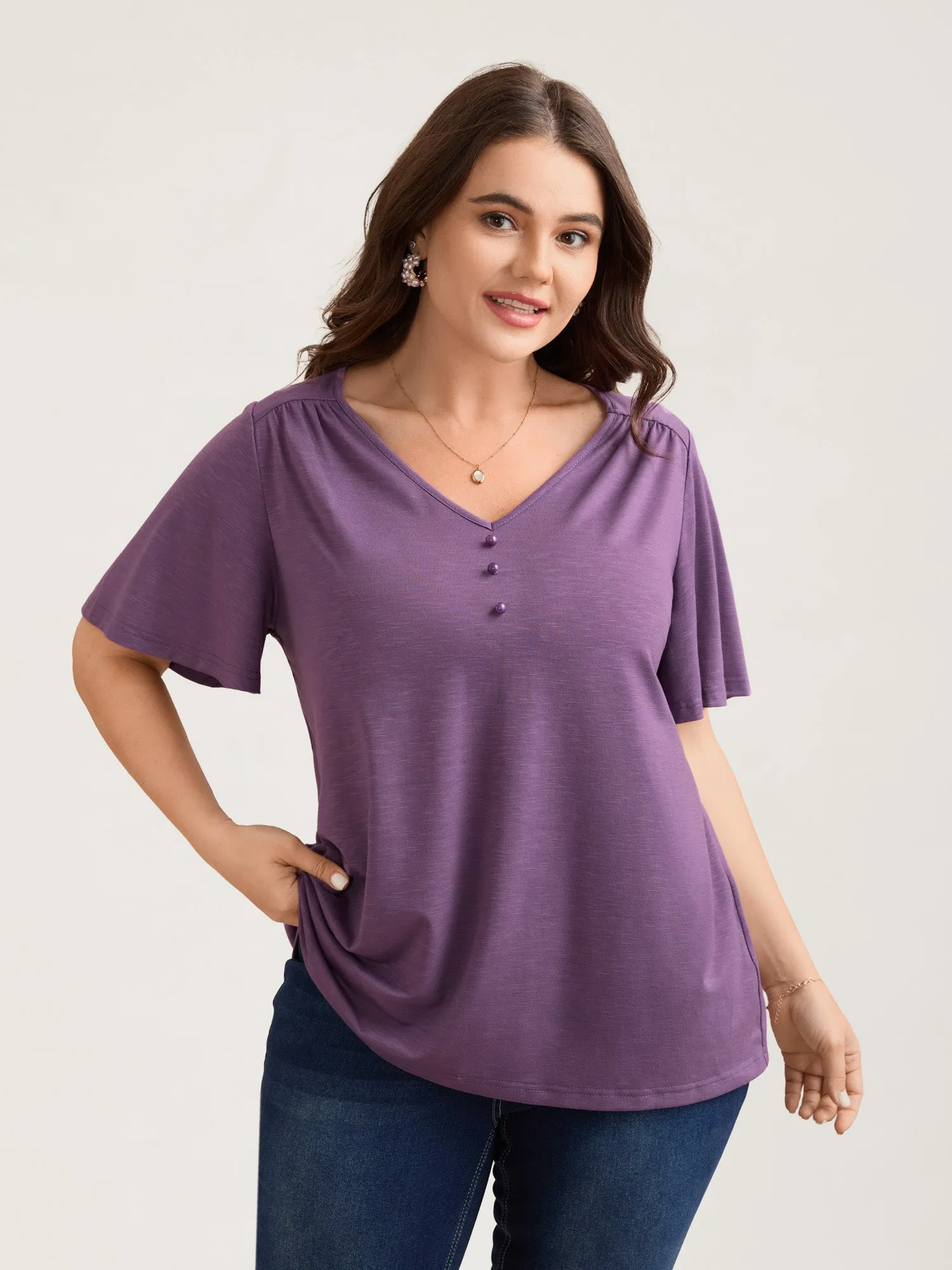 Bamboo Textured Pleated Shoulder Button T-Shirt sold by Bloomchic