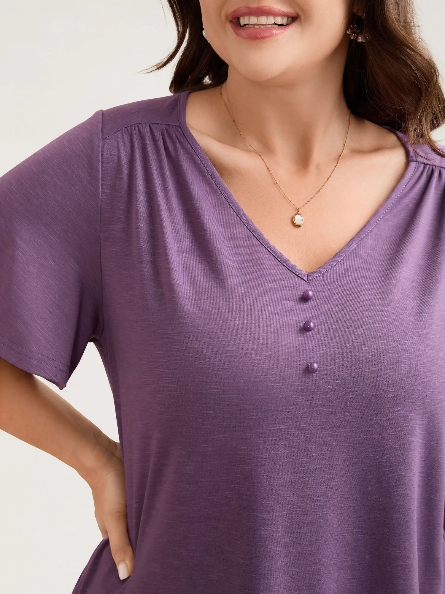 Bamboo Textured Pleated Shoulder Button T-Shirt sold by Bloomchic product image thumbnail 4