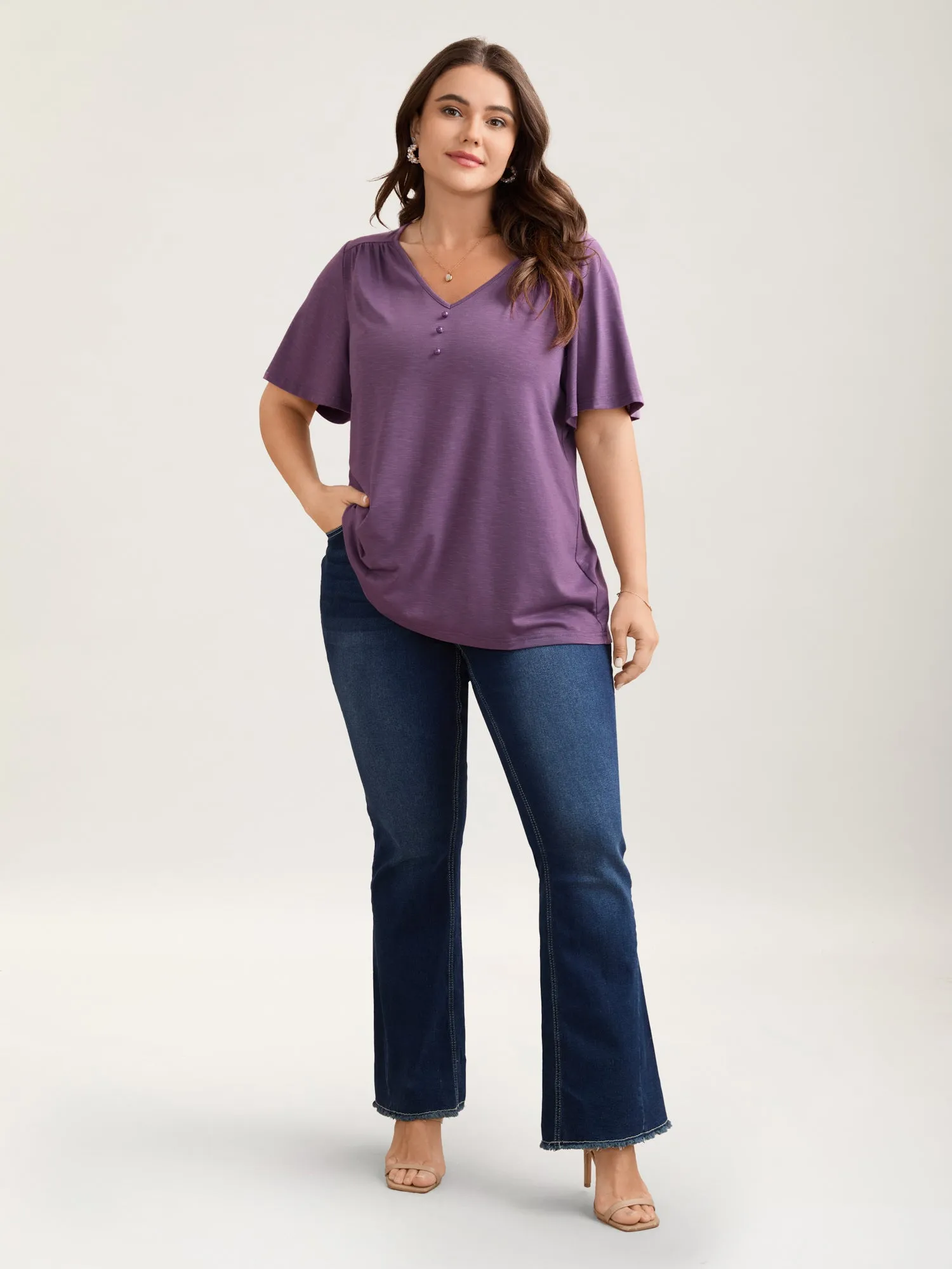 Bamboo Textured Pleated Shoulder Button T-Shirt sold by Bloomchic product image thumbnail 3