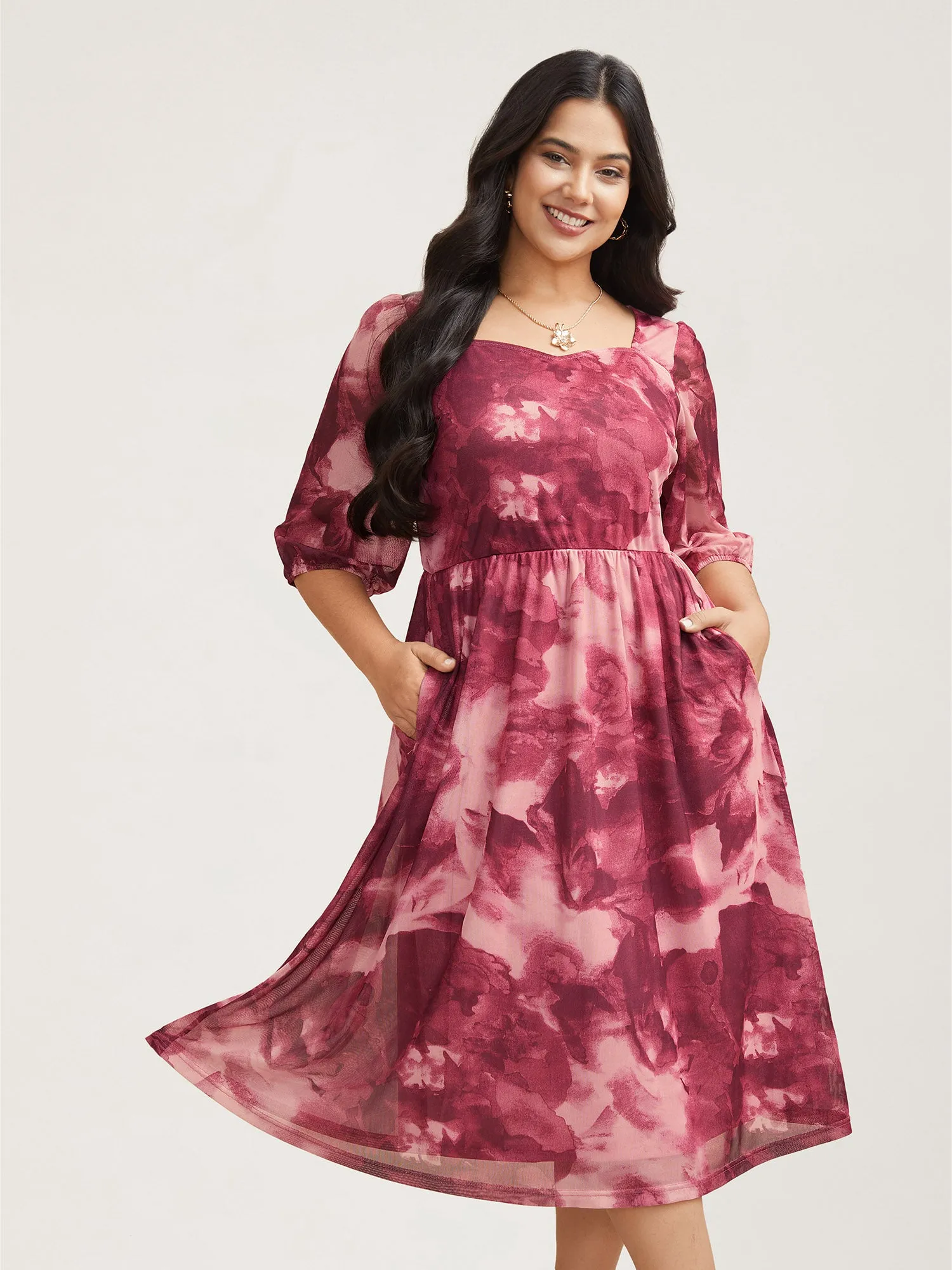 Ombre Gradient Mesh Puff Sleeve Midi Dress sold by Bloomchic