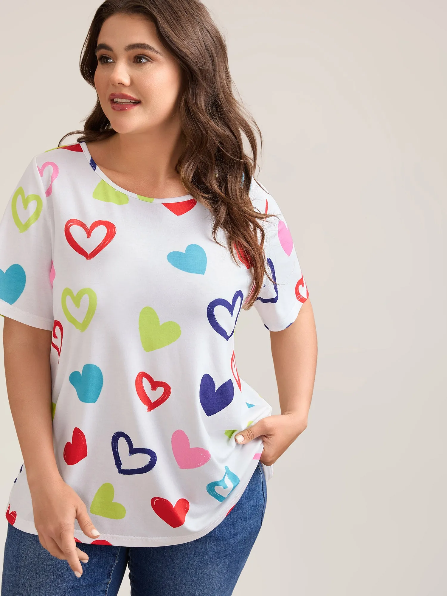 Multi-Color Heart Pattern Round Neck T-Blouse sold by Bloomchic