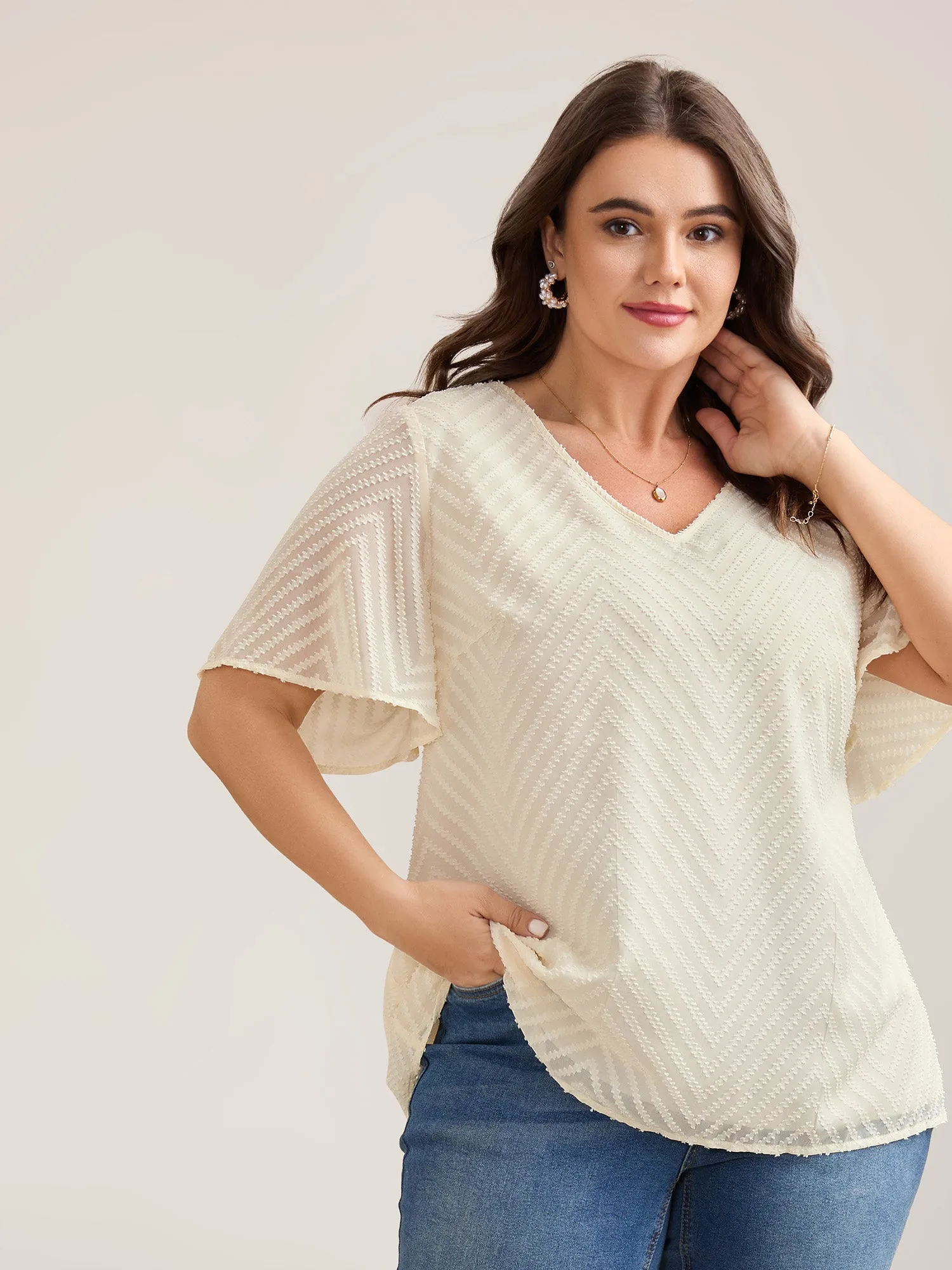 Textured Sheer Ruffled Sleeve Blouse sold by Bloomchic