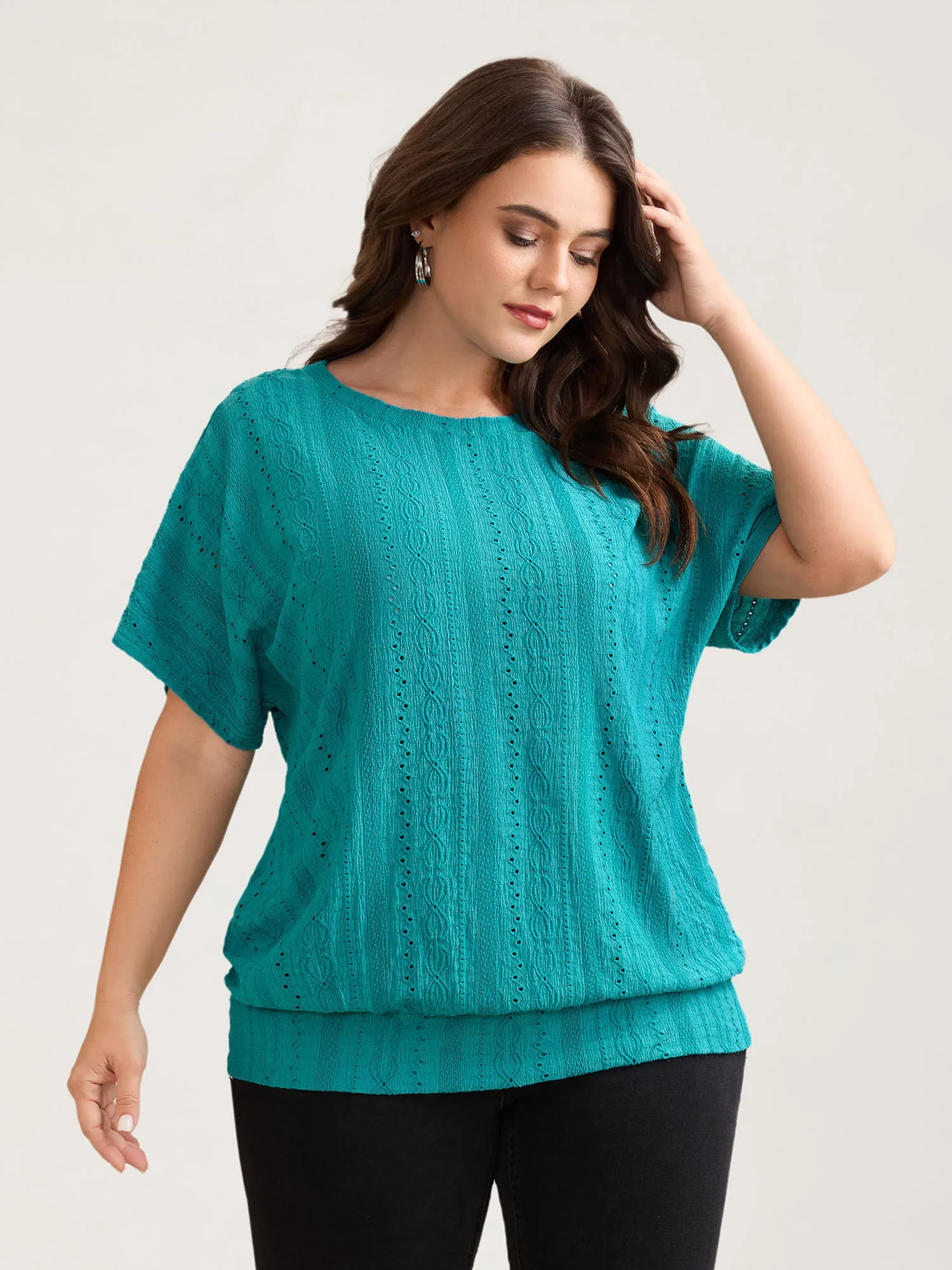 Eyelet Trim Stretchy Textured Plain Top sold by Bloomchic product image thumbnail 2