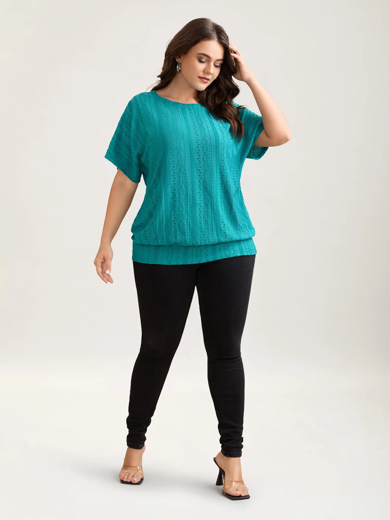 Eyelet Trim Stretchy Textured Plain Top sold by Bloomchic product image thumbnail 4
