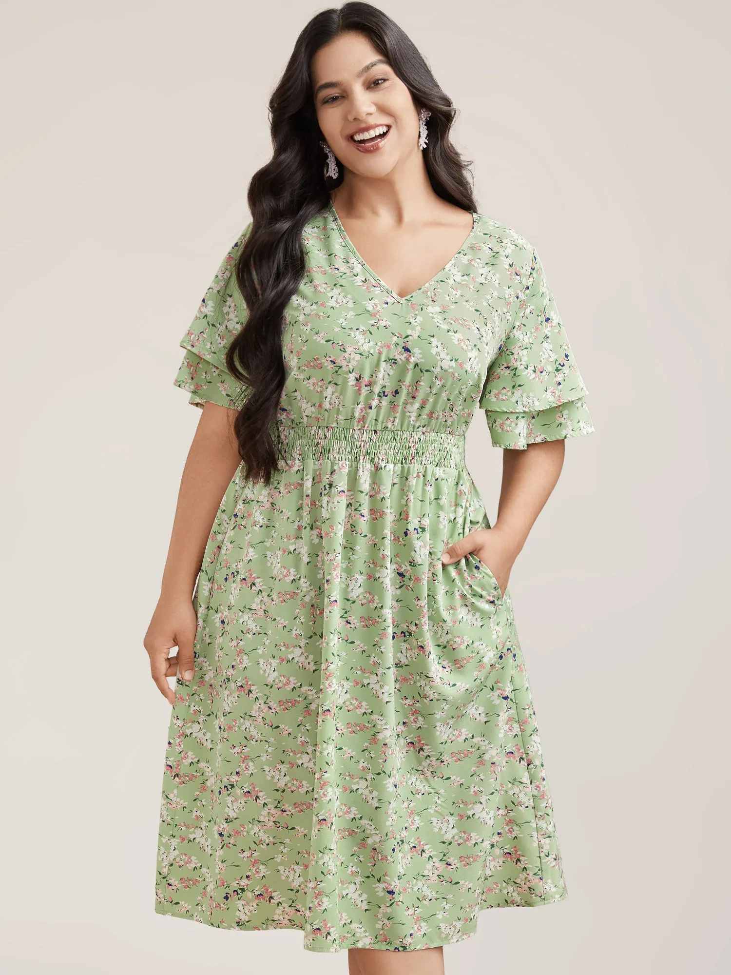 Floral Print Shirred Waist Layered Sleeve Dress sold by Bloomchic