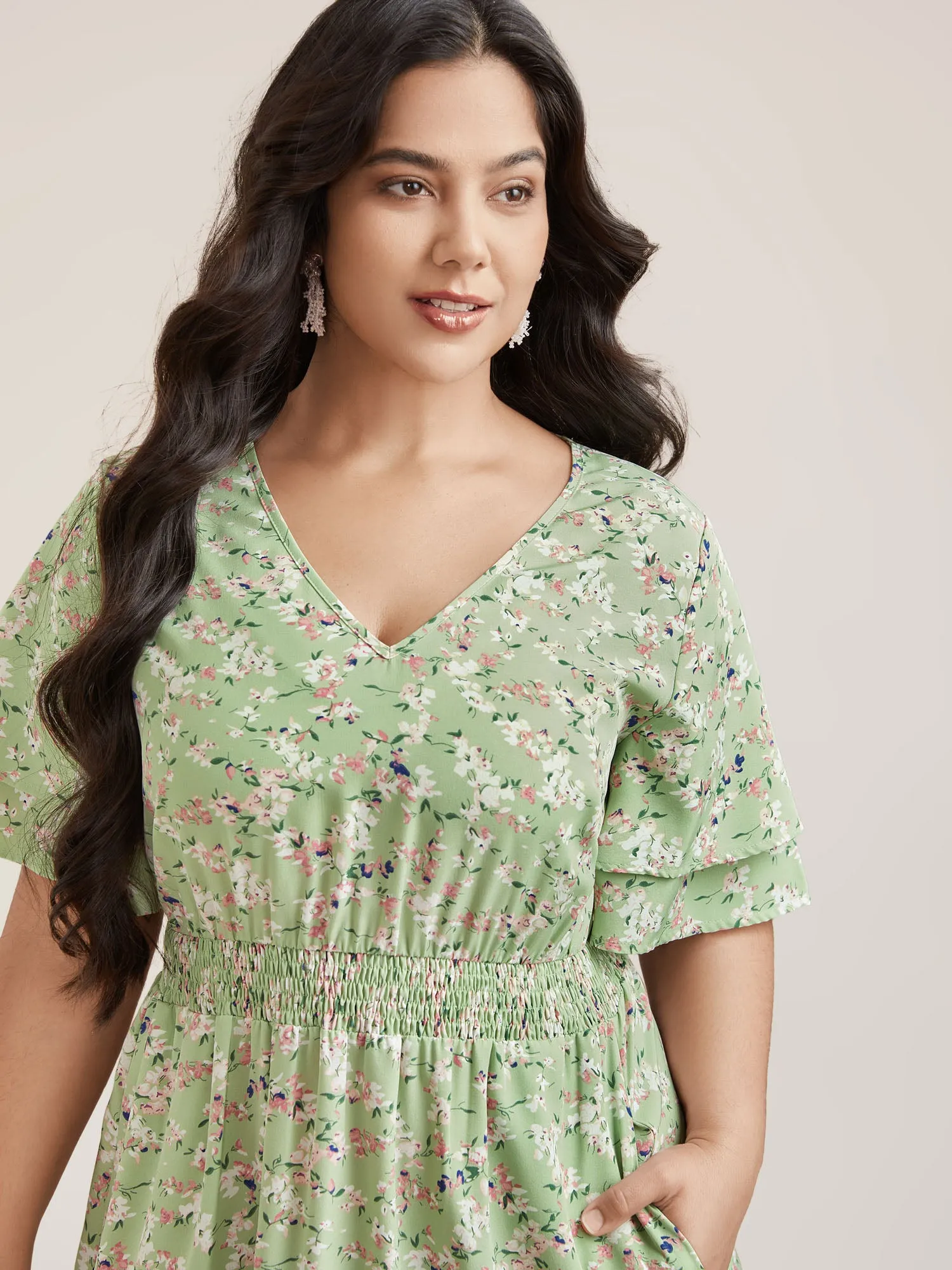 Floral Print Shirred Waist Layered Sleeve Dress sold by Bloomchic product image thumbnail 3