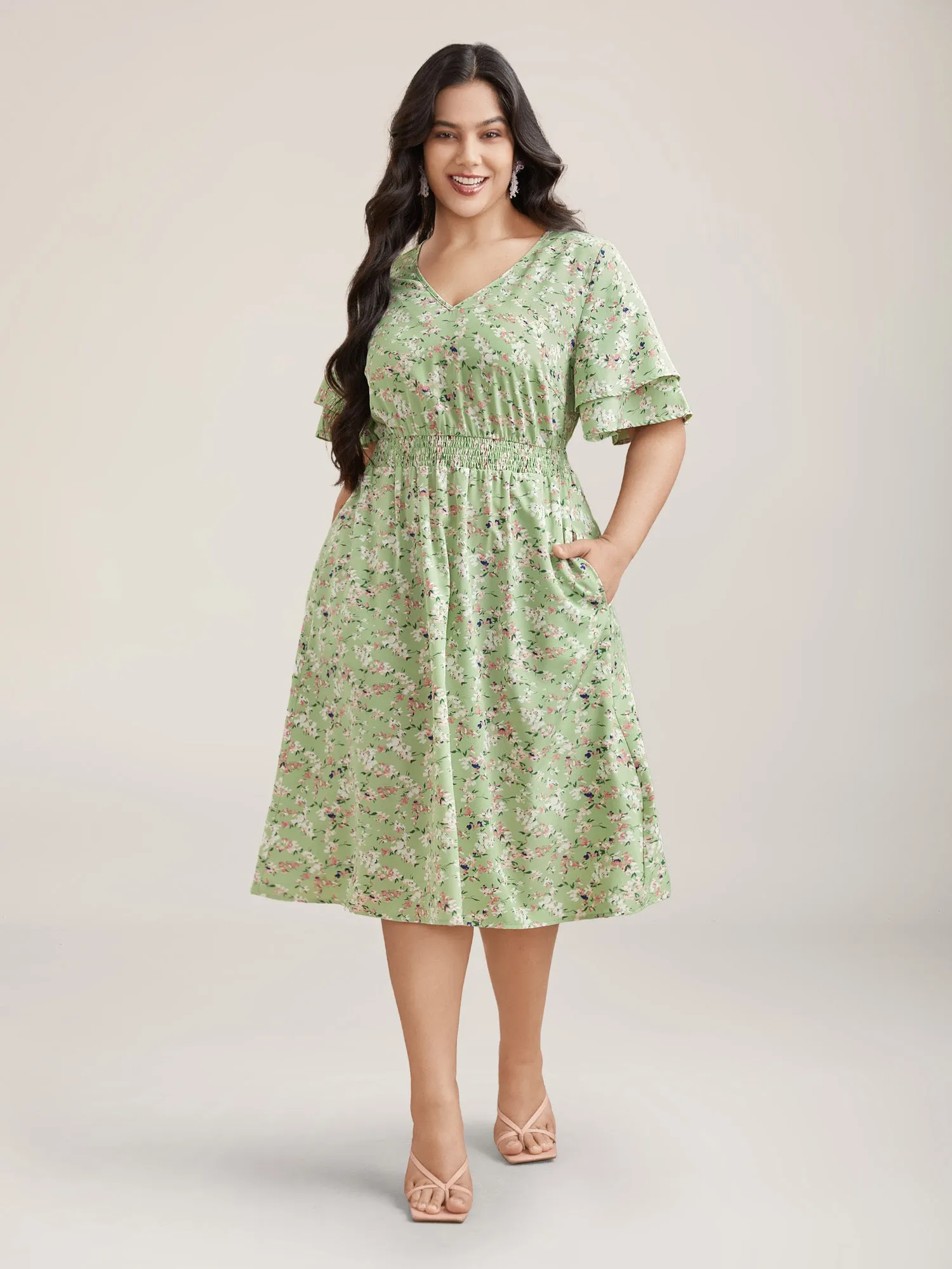 Floral Print Shirred Waist Layered Sleeve Dress sold by Bloomchic product image thumbnail 2