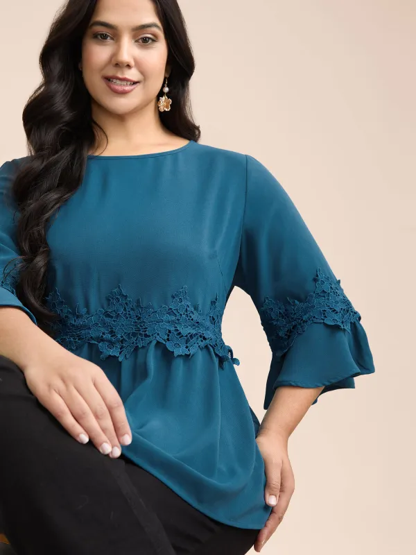 Lace Detail Ruffled Round Neck Blouse sold by Bloomchic