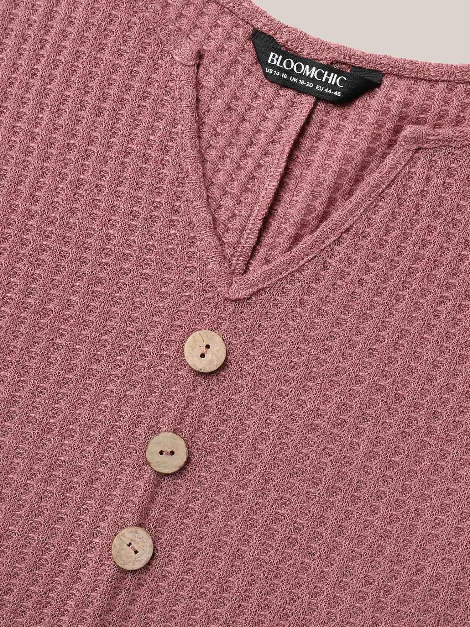 Waffle Knit Stretchy Button Split Neck T-Shirt sold by Bloomchic product image thumbnail 5