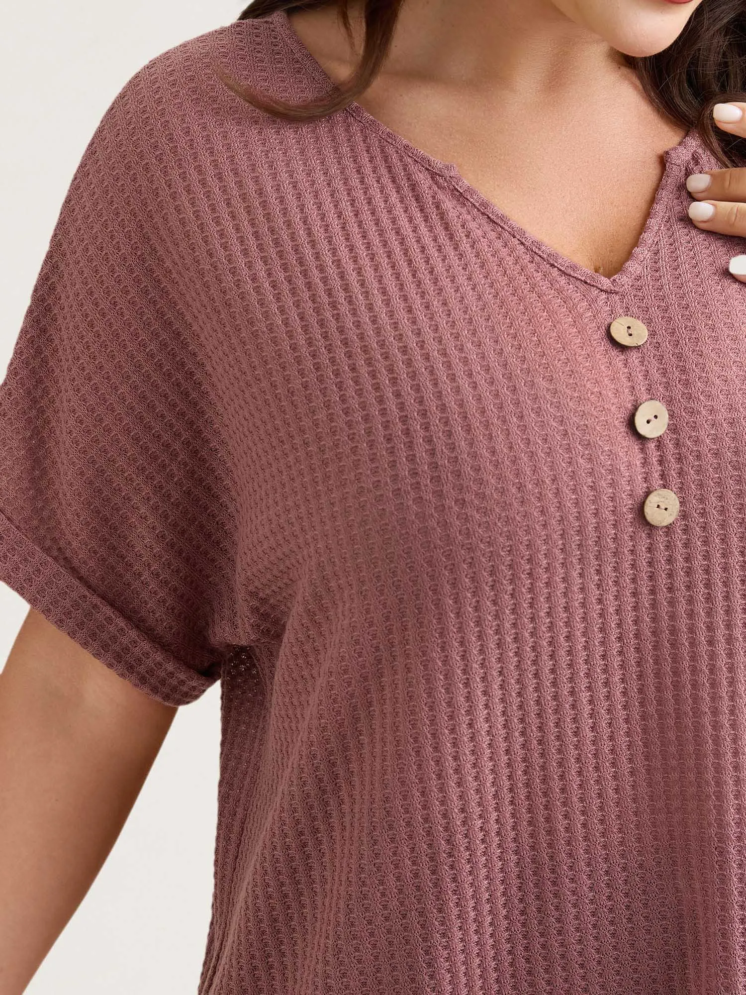 Waffle Knit Stretchy Button Split Neck T-Shirt sold by Bloomchic product image thumbnail 4