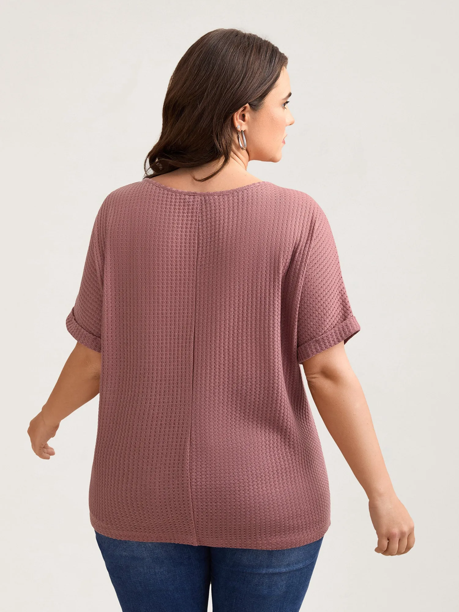 Waffle Knit Stretchy Button Split Neck T-Shirt sold by Bloomchic product image thumbnail 2