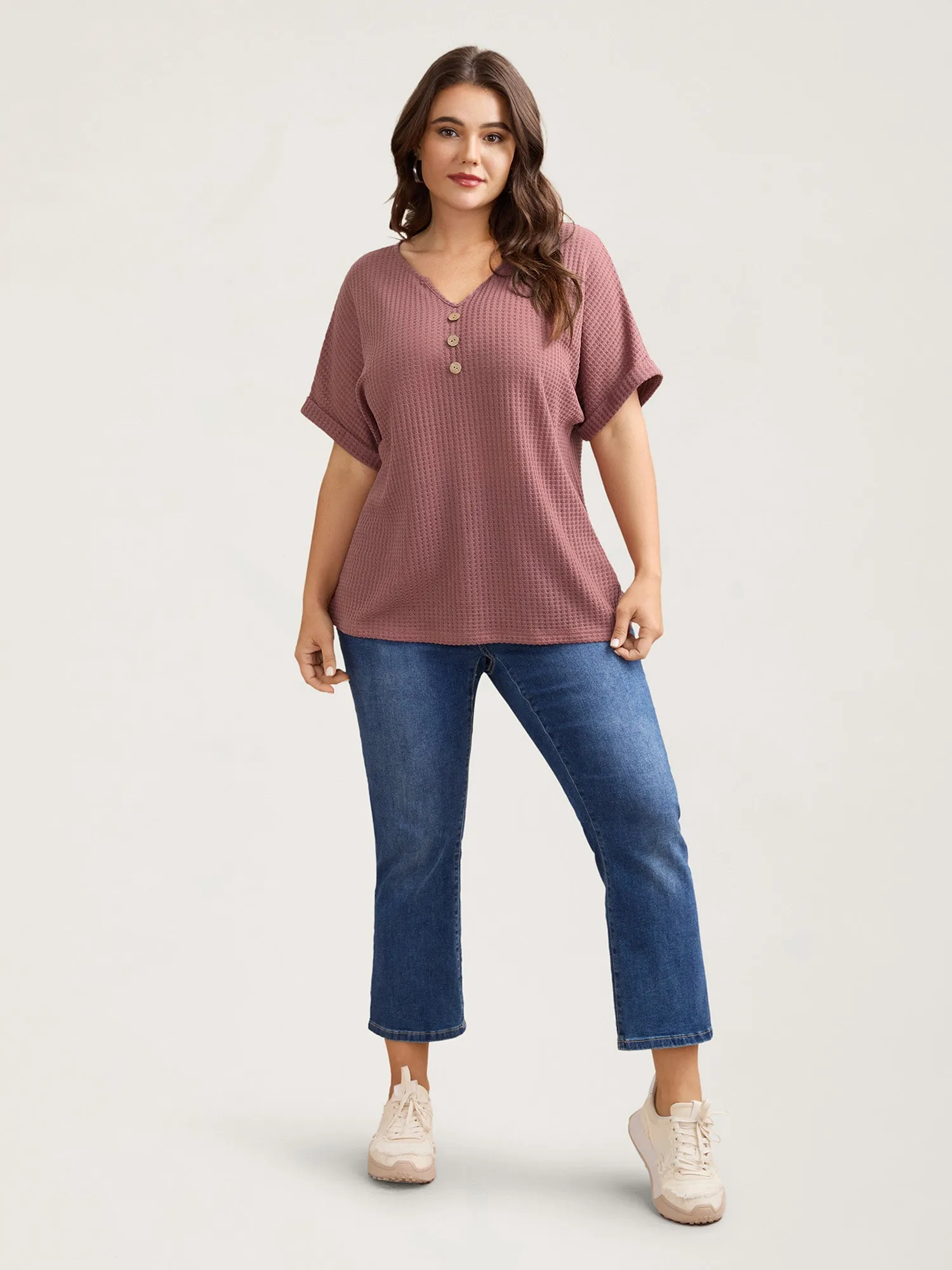 Waffle Knit Stretchy Button Split Neck T-Shirt sold by Bloomchic product image thumbnail 3