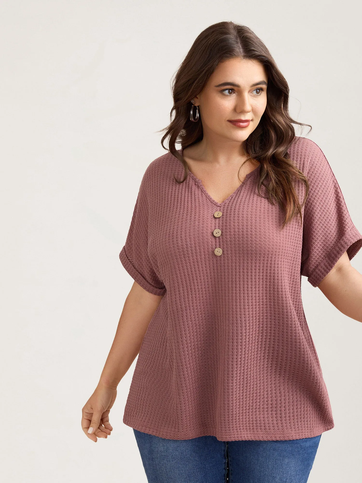 Waffle Knit Stretchy Button Split Neck T-Shirt sold by Bloomchic