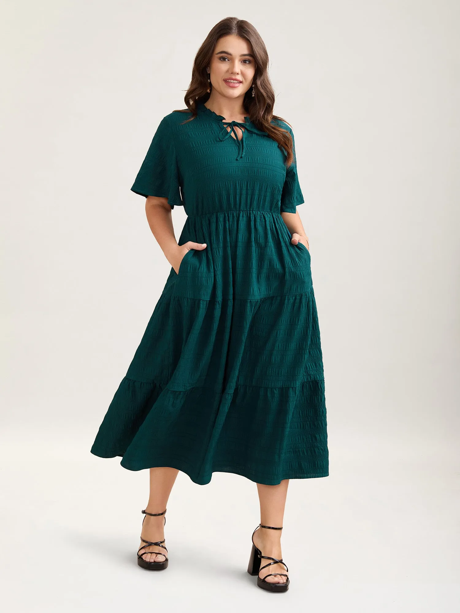 Stretchy Waist Frill Trim Pockets Midi Dress sold by Bloomchic product image thumbnail 2