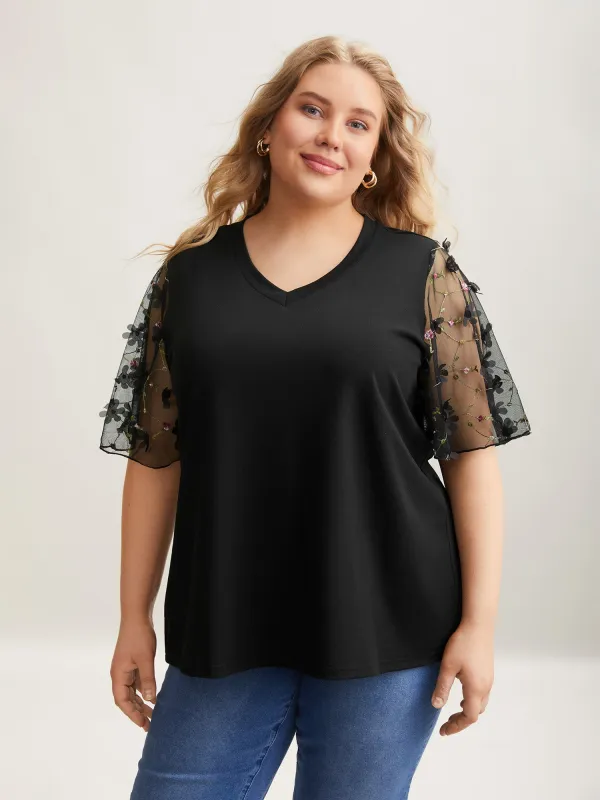 Sheer Mesh Sleeve Stretchy T-Shirt sold by Bloomchic