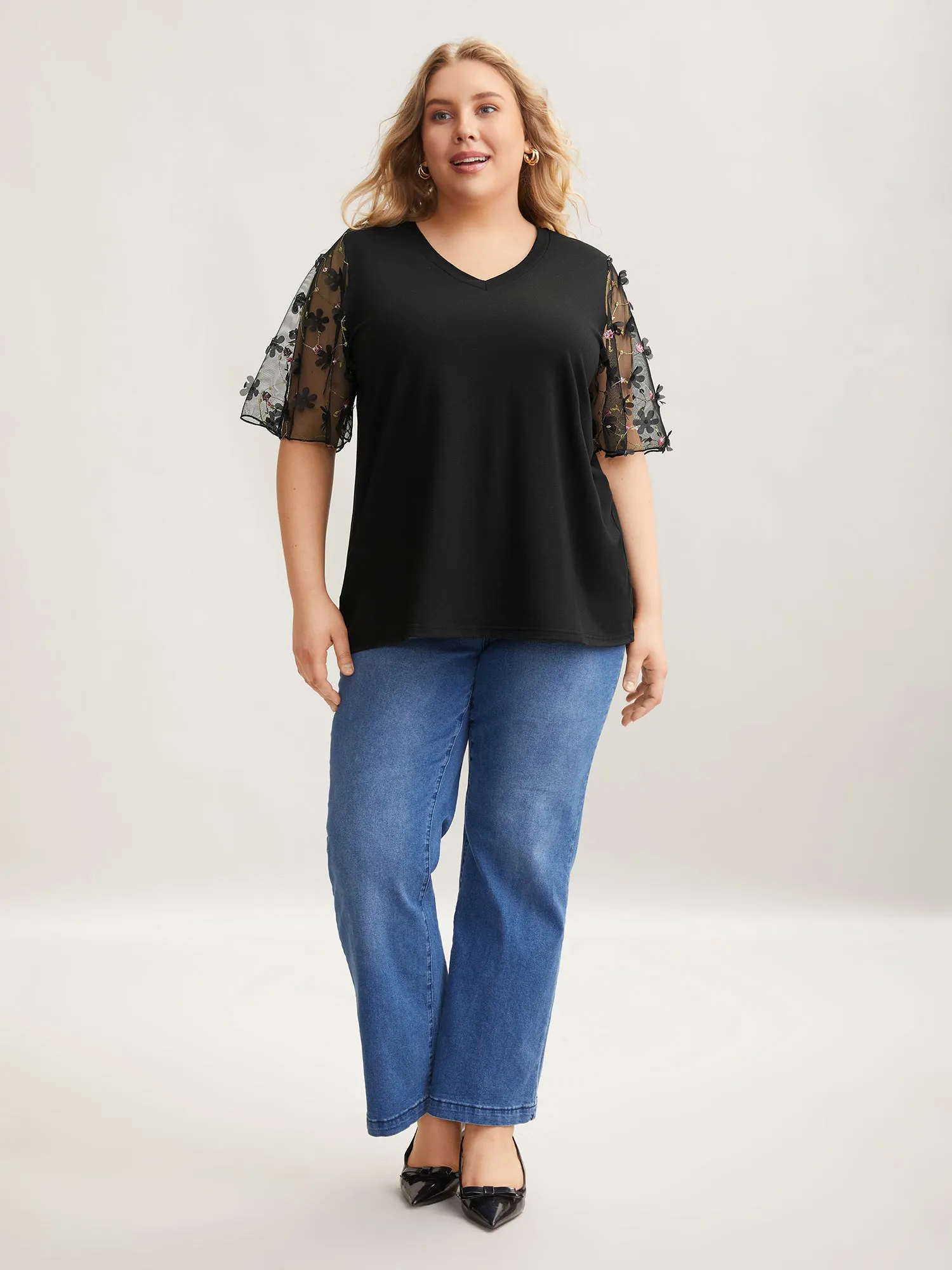 Sheer Mesh Sleeve Stretchy T-Shirt sold by Bloomchic product image thumbnail 3