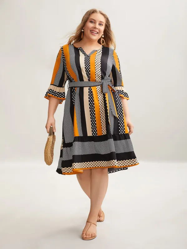 Geometric Print Split Neck Tied Midi Dress sold by Bloomchic