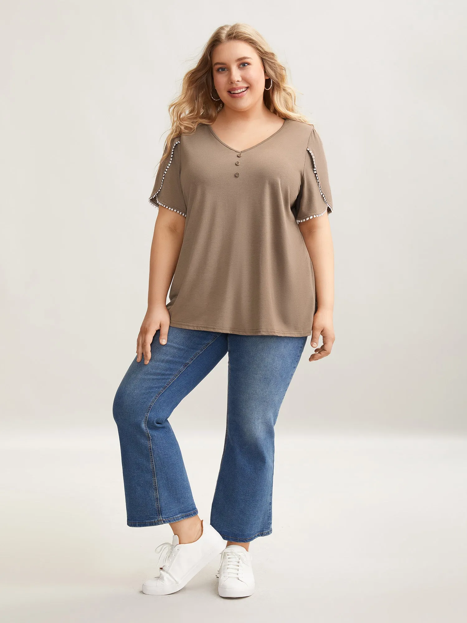 Petal Sleeve Lace Button Solid T-Shirt sold by Bloomchic product image thumbnail 2