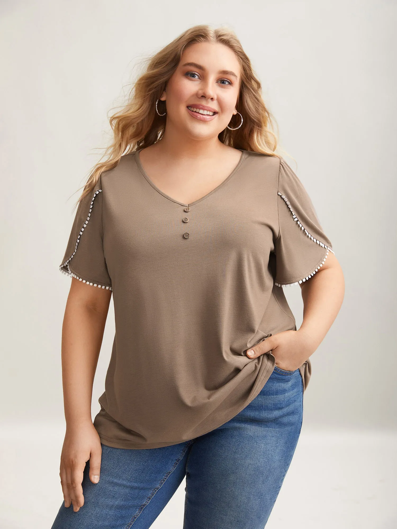 Petal Sleeve Lace Button Solid T-Shirt sold by Bloomchic