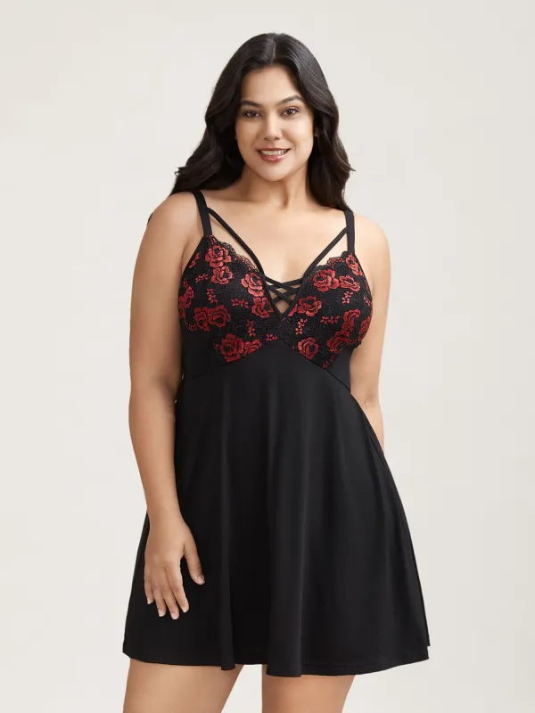 Floral Lace Spliced Neck Tie Sleep Dress sold by Bloomchic