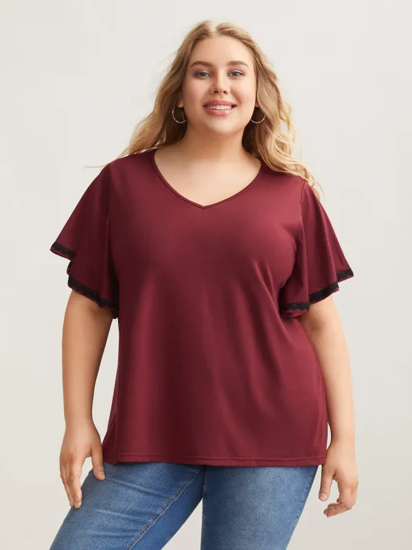 Stretchy Color Contrast Flutter Sleeve T-Shirt made by Bloomchic