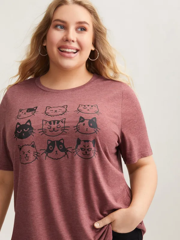 Playful Cats Print Crew Neck T-Shirt sold by Bloomchic