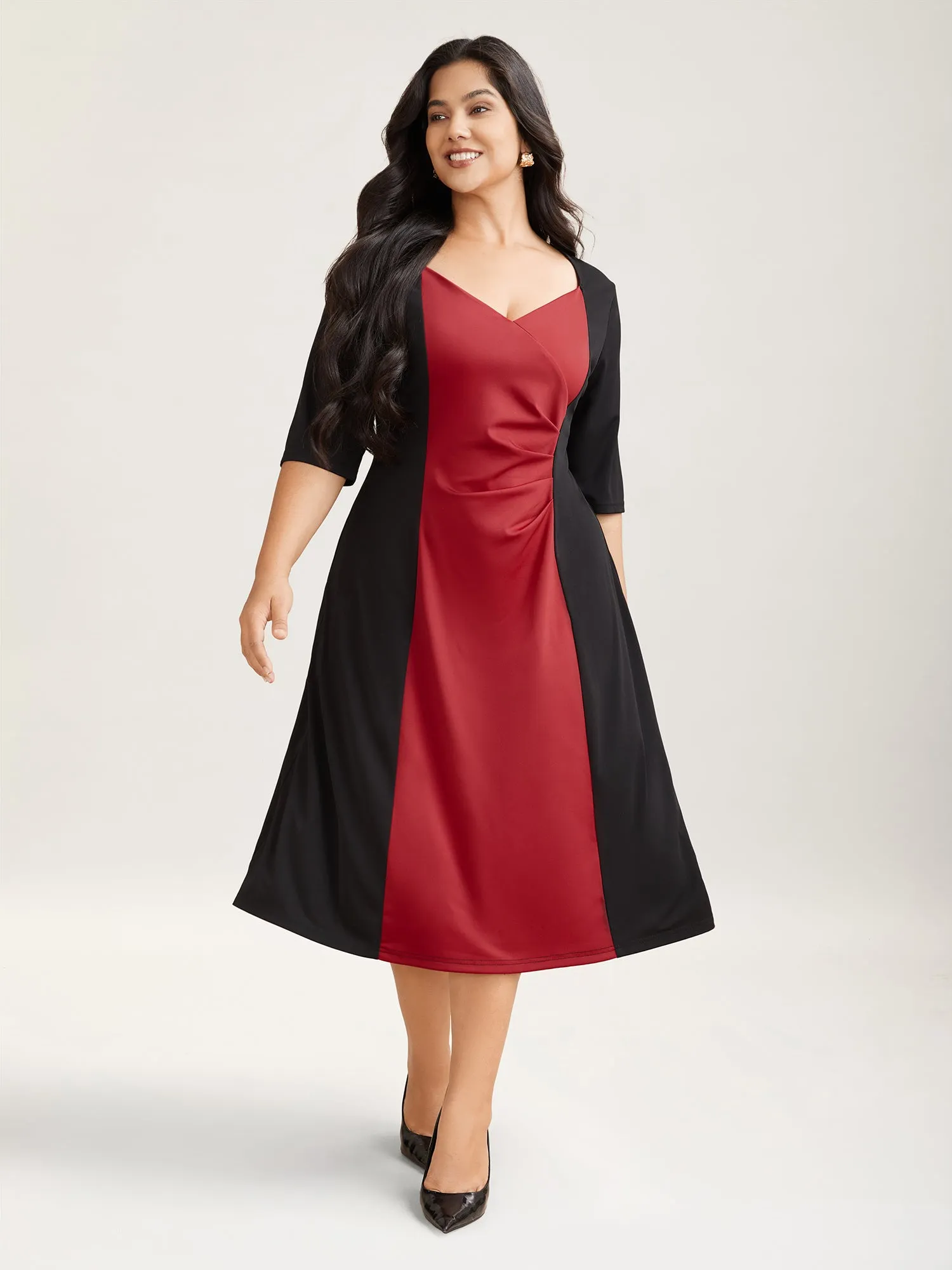 Color Block Fitted Waist Overlap Neck Dress sold by Bloomchic product image thumbnail 2
