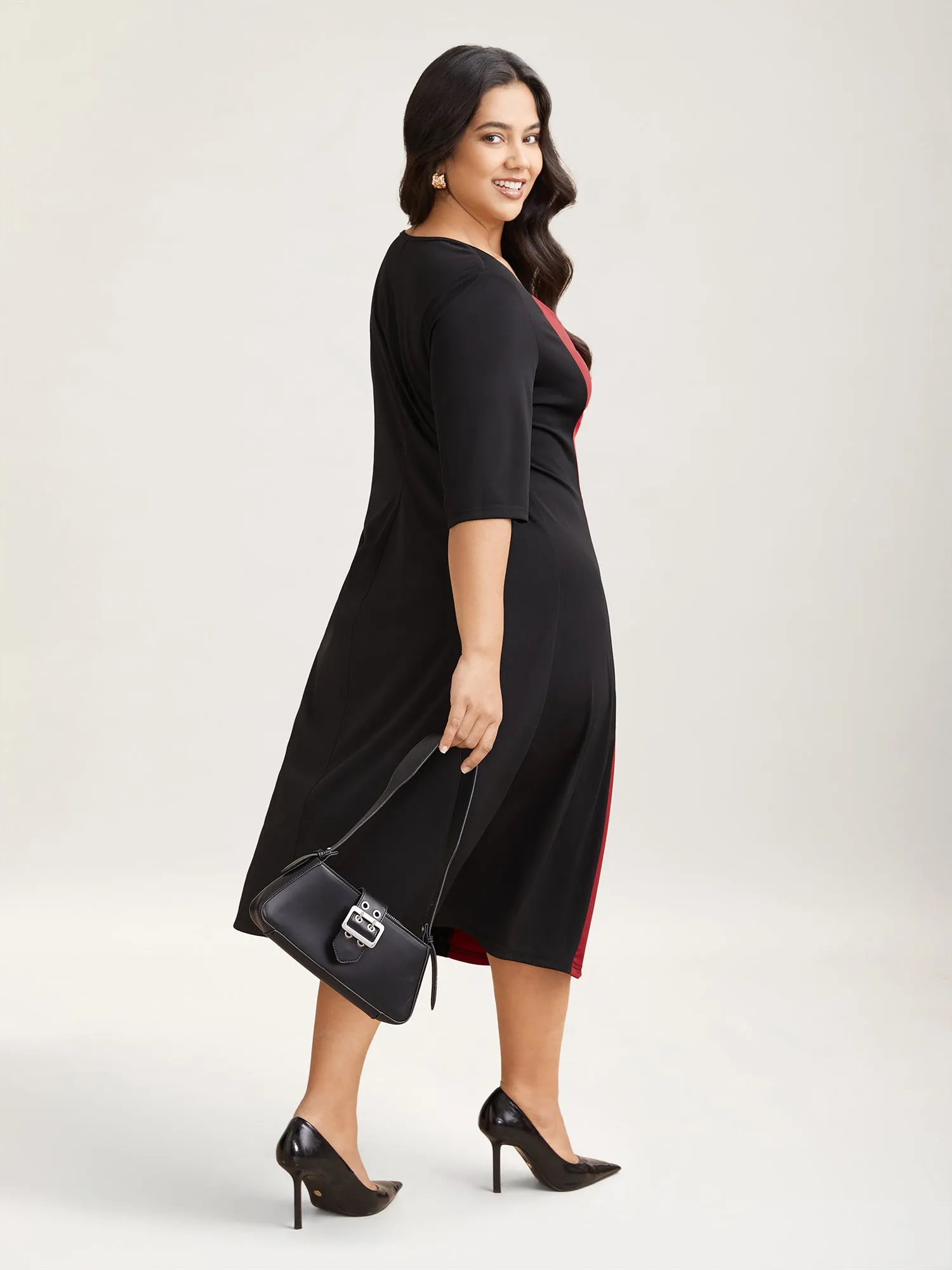 Color Block Fitted Waist Overlap Neck Dress sold by Bloomchic product image thumbnail 4