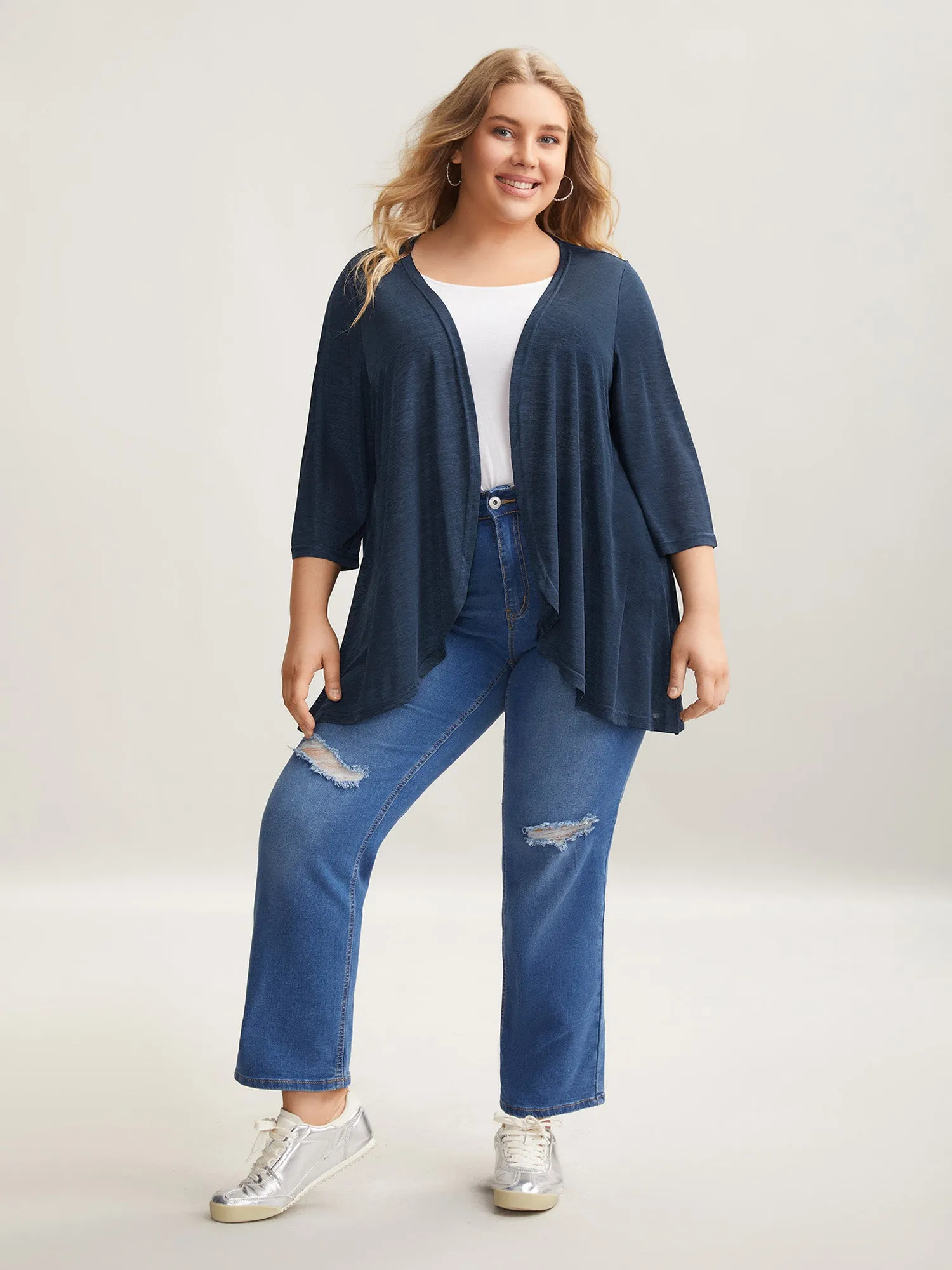 Textured Arc Hem Open-Front Kimono Cardigan sold by Bloomchic product image thumbnail 2