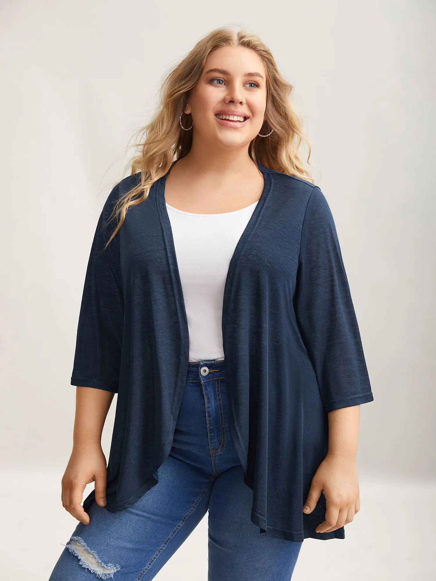Textured Arc Hem Open-Front Kimono Cardigan sold by Bloomchic