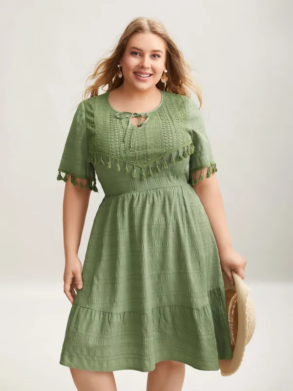Lace Neck-Tie Pockets Tiered Midi Dress sold by Bloomchic
