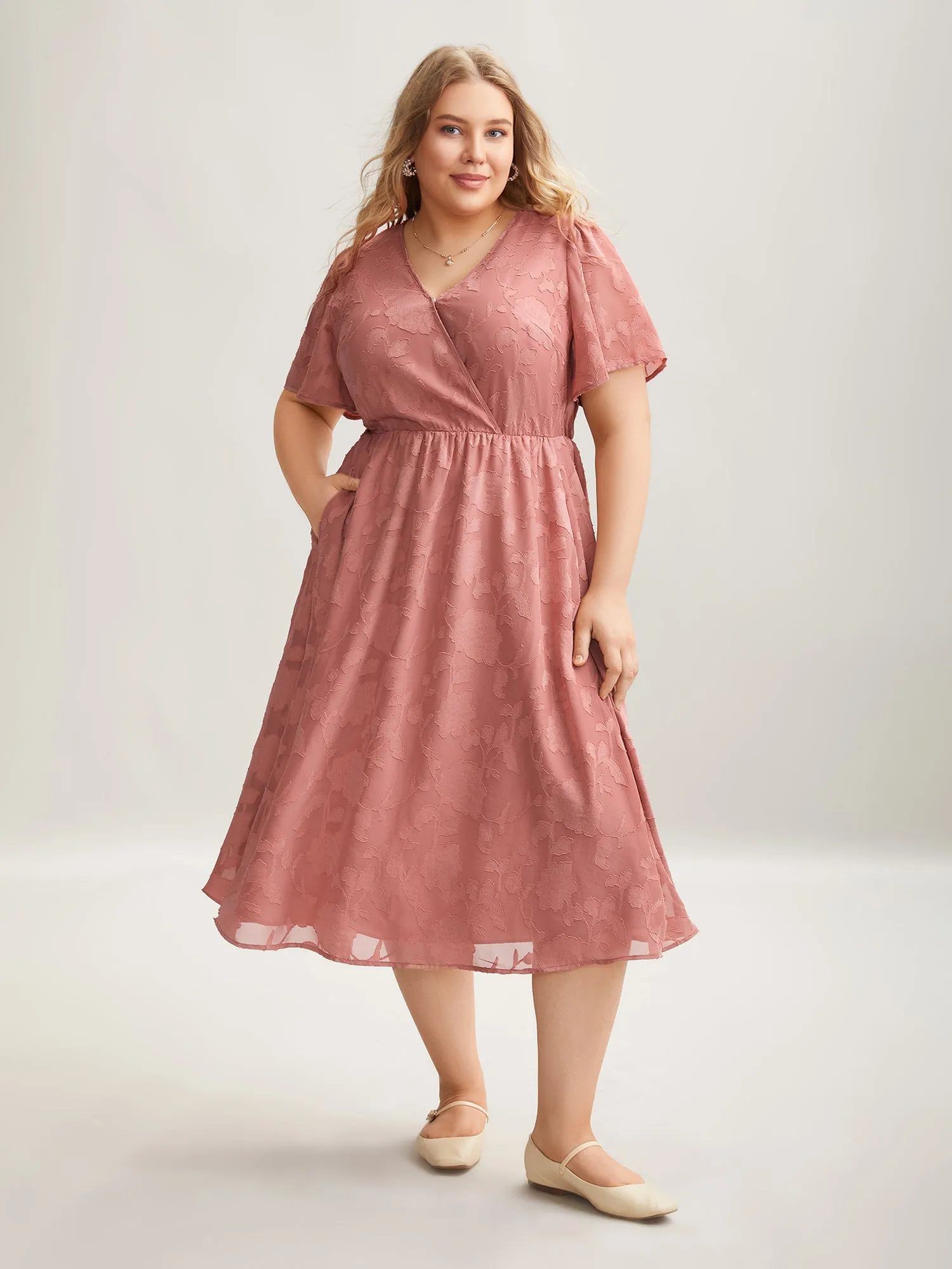 Textured Surplice Neck Flared Sleeve Midi Dress sold by Bloomchic product image thumbnail 3