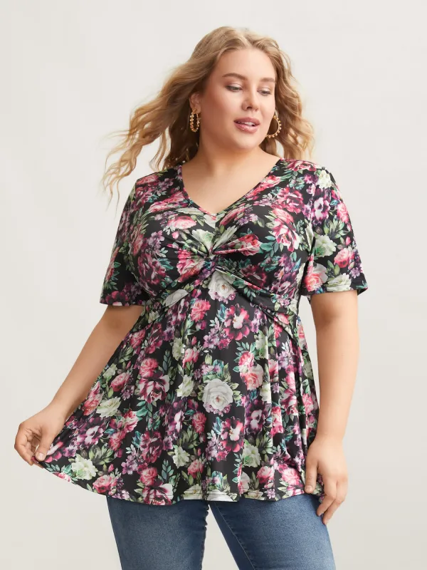 Twist-Front Floral Print Flared Knit Top sold by Bloomchic