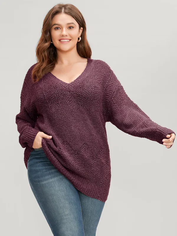 Solid Pointelle Knit Eyelet V Neck Heather Knit Top sold by Bloomchic