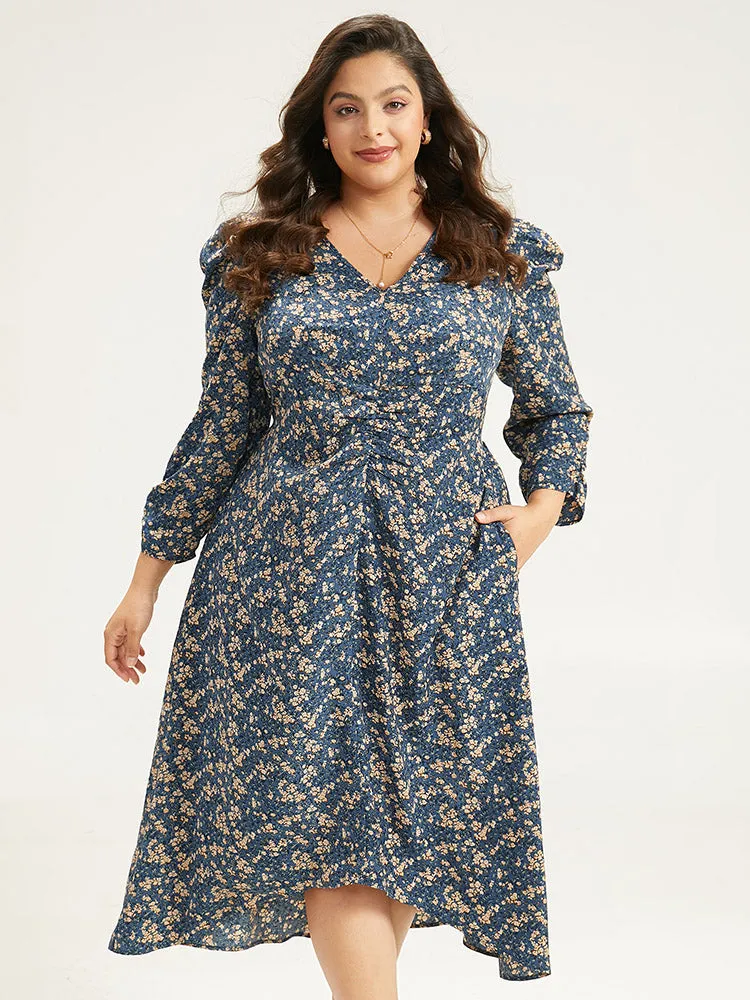 Ditsy Floral Ruched Puff Sleeve Dress sold by Bloomchic