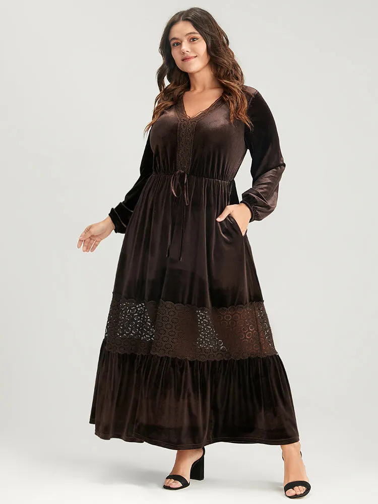 Solid Lace Lantern Sleeve Pocket Tie Up Velvet Maxi Dress sold by Bloomchic