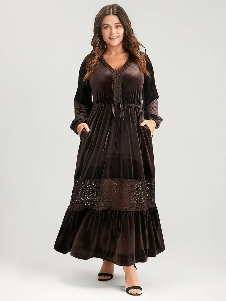 Solid Lace Lantern Sleeve Pocket Tie Up Velvet Maxi Dress sold by Bloomchic product image thumbnail 4