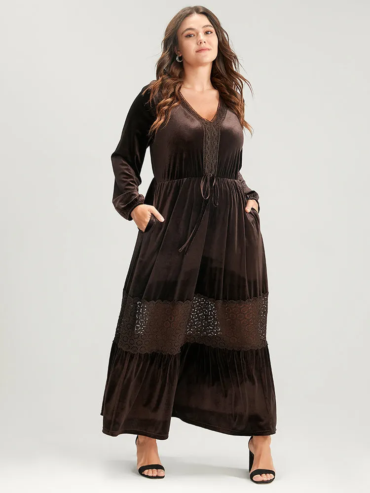Solid Lace Lantern Sleeve Pocket Tie Up Velvet Maxi Dress sold by Bloomchic product image thumbnail 3
